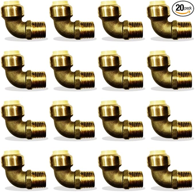 Push fit fittings 3/4 Inch x 3/4 Inch - Male NPT Threaded Elbow - Push to Connect Pex Copper CPVC - No Lead Brass (Pack of 20)