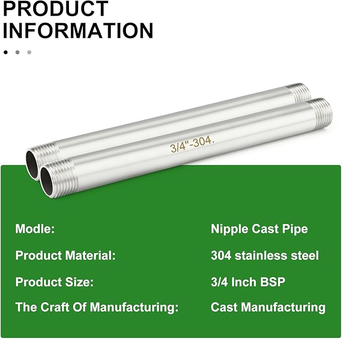 TAISHER 2PCS Stainless Steel Pipe Fittings, 3/4" BSP Male x 3/4" BSP Male Threaded, 8" Length Nipple Cast Pipe
