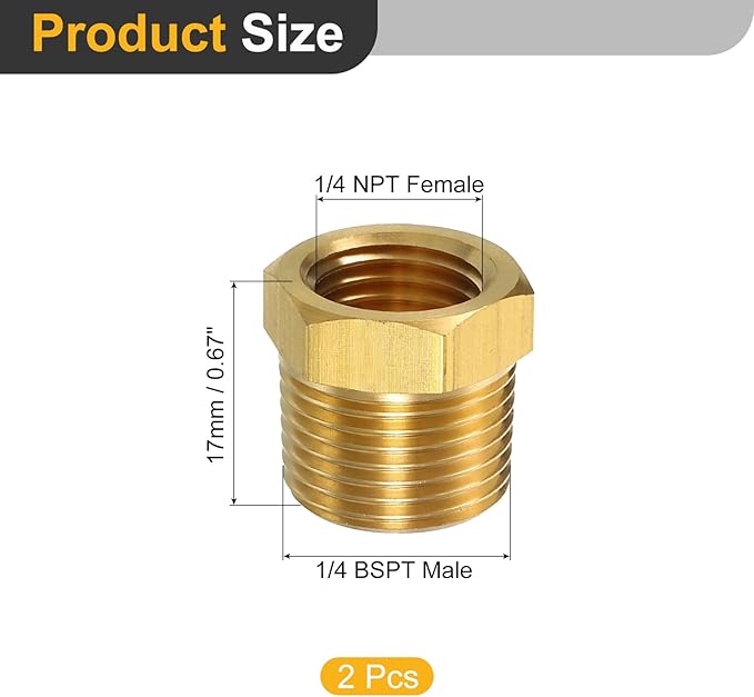 uxcell 2Pcs 3/8 BSPT Male x 1/4 NPT Female Brass Reducer Hex Bushing Threaded Pipe Fitting, Brass Threaded Pipe Fitting Adapter for Water, Gas, Oil Pipeline Systems