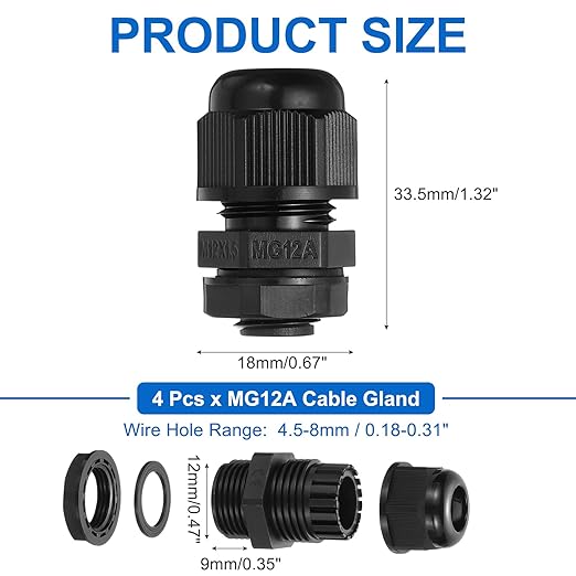 MECCANIXITY 4 Pcs M12 Cable Gland, 4.5-8mm Wire Hole Waterproof Nylon Joint for Cable Fixing, Wiring, Repairing, Gland Replacement, Electrical Appliances, Black