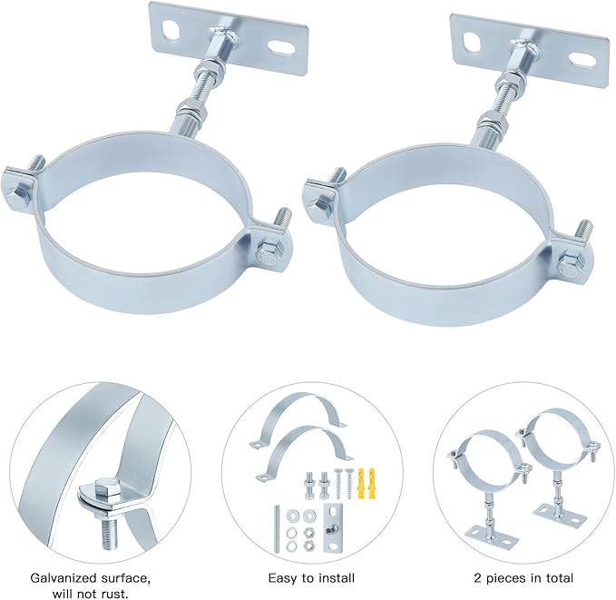 2 Pcs 3 Inch Adjustable Pipe Bracket, Heavy Duty Galvanized Steel Split Ring Hanger，Chimney Adjustable Wall Strap，Pipe Bracket Clamp Strap，chimney pipe support bracket