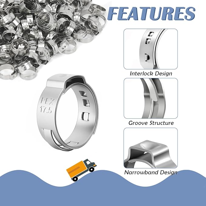 50PCS 1/2inch PEX Cinch Crimp Clamp Rings 304 Stainless Steel Single Ear Hose Clamps HE062-1/2