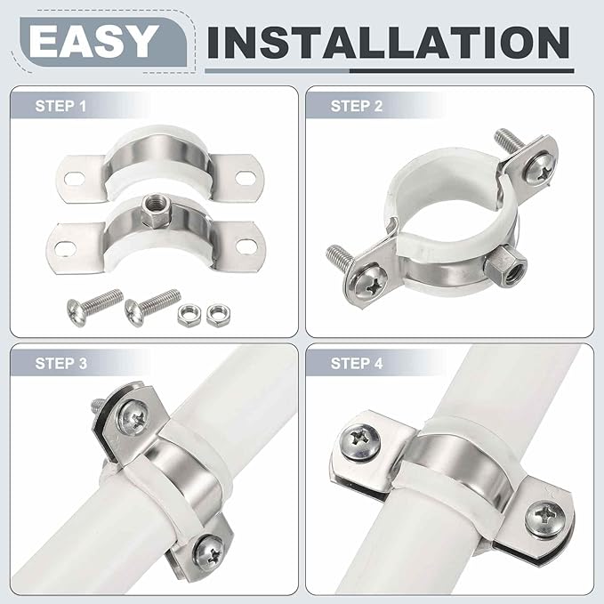 HARFINGTON 2pcs 201 Stainless Steel 7.5-7.9"/190-200mm Split Ring Pipe Hanger Pipe Strap Clamp Split Ring Hanger with Rubber for Tubing Shower Curtain Tiki Torch, Silver Tone
