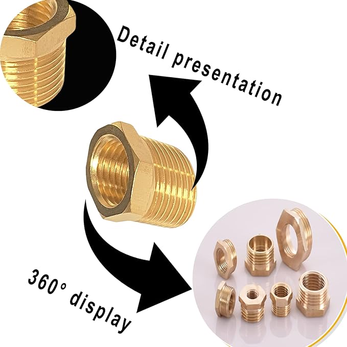 YOUHO 1/2 to 3/8 reducer Brass Threaded Pipe Fitting 1/2 NPT Male x 3/8 NPT Female Hex Bushing Adapter (Pack of5)