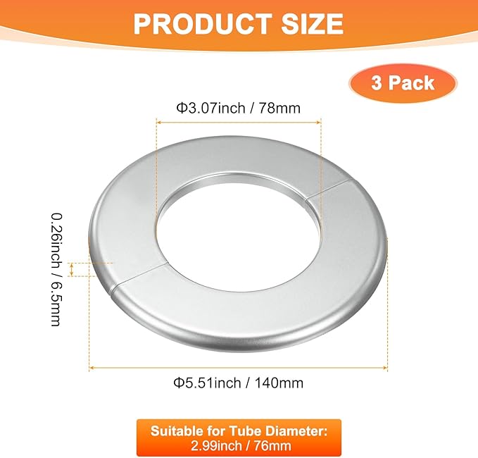 3-Pack Wall Split Flange, ABS Round Self-Adhesive Escutcheon Plate Cover Buckle for 76mm/2.99 in Dia Pipe Accessories/Floor/Ceiling, Plumbing Cover Plates [Silver,6.5mm/0.26in H]