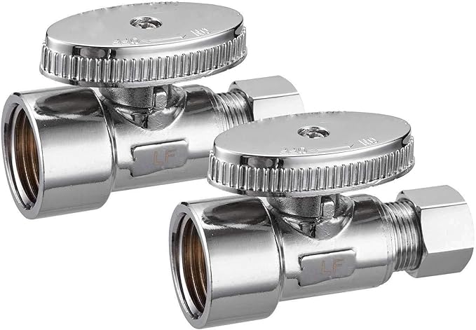2 Pack Brass 1/2 Inch FIP x 3/8 Inch OD Compression Quarter Turn Straight Water Angle Stop Valve Shut Off