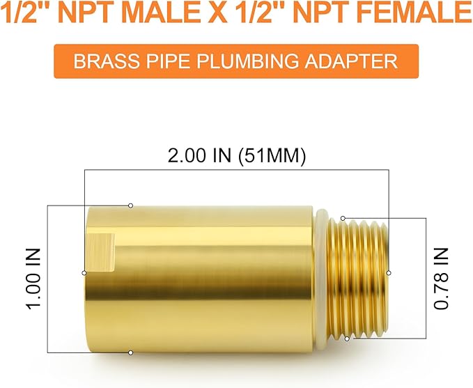 GASHER 4Pcs Brass Pipe Plumbing Adapter with Rubber O-ring, 1/2" NPT Male x 1/2" NPT Female Pipe Fitting Coupler,Length 2 Inch