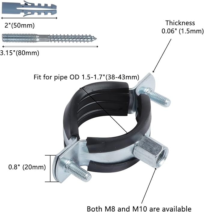 6 PCS Split Ring Pipe Hanger, Heavy Duty Adjustable Pipe Bracket Clamp with Screw & Expansion Tube, Wall Ceiling Mount Galvanized Iron Pipe Strap Supports Fit for Pipe OD 1.5-1.7 Inch(38-43mm)
