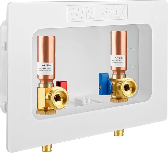 Washing Machine Outlet Box with Center Drain, 1/2" Pex-A F1960 Expansion Inlet x 3/4" MHT Outlet Connection with Hot and Cold 1/4-turn Shut-off Ball Valve and Copper Water Hammer Arrestor