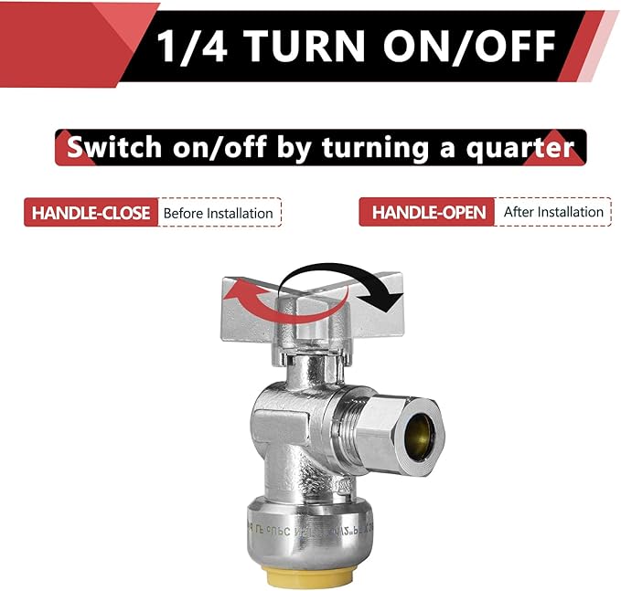 (Pack of 2) EFIELD Push Fit 1/4 Turn Angle Stop Valve Water Shut Off 1/2 Push x 3/8 Inch Compression Chrome,(PF-UNI004)