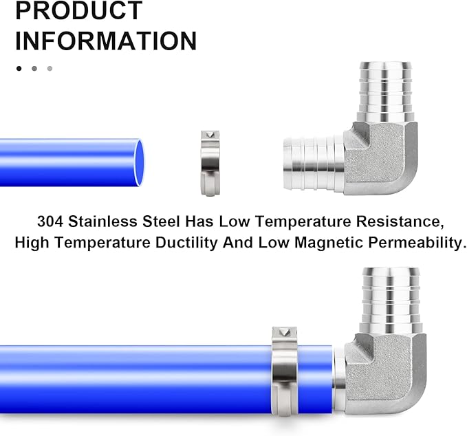 TAISHER 1PCS 304 Stainless Steel 90 Degree Elbow Pex Fittings, 1/2" Pex Fitting With 2PCS Hose Clamp For Tubing Pipe