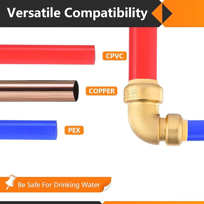 10-Pack HeSun Pushfit 90 Degree Elbow, 3/4"x1/2" Push to Connect Plumbing Fittings with Disconnect Clips, Brass Push-fit Fittings for PEX, Copper, CPVC, PE-RT Pipes(PF052-10)