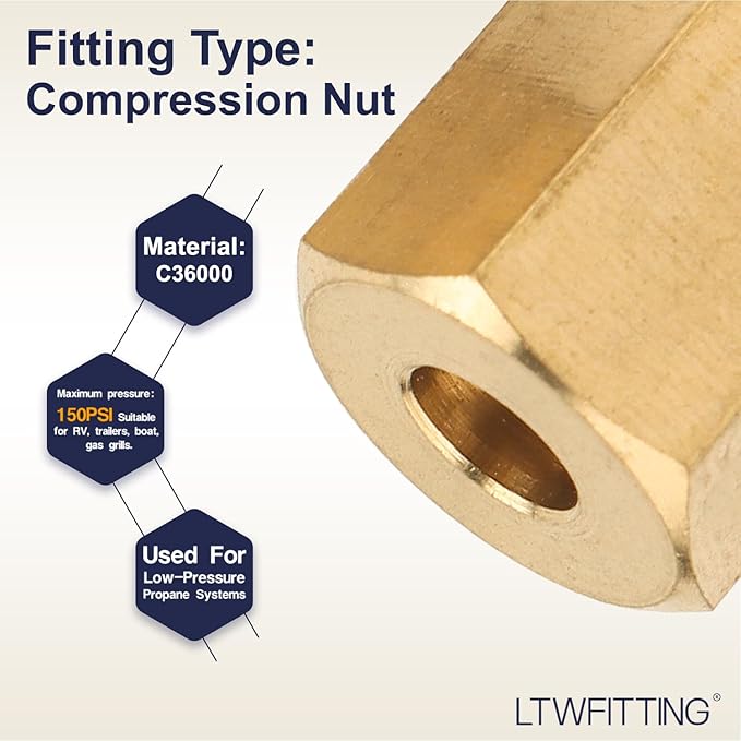 LTWFITTING 3/16-Inch Brass Compression Nut,Brass Compression Fitting(Pack of 50)
