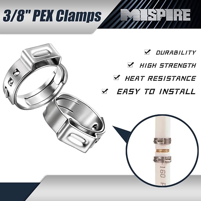 25 PCS 3/8 inch PEX Pipe Clamps, MISPIRE PEX Cinch Clamps Stainless Steel 304 Pinch Clamps for PEX Pipe Tubing Fitting Connections, Sliver