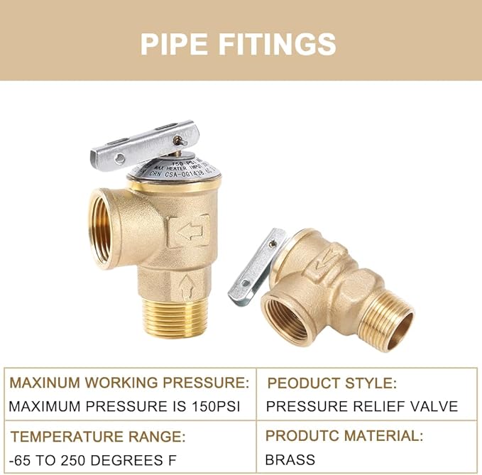 150PSI Temperature and Pressure Relief Valve 3/4" NPT Threaded, Push to Connect Brass Plumbing Fittings, Copper