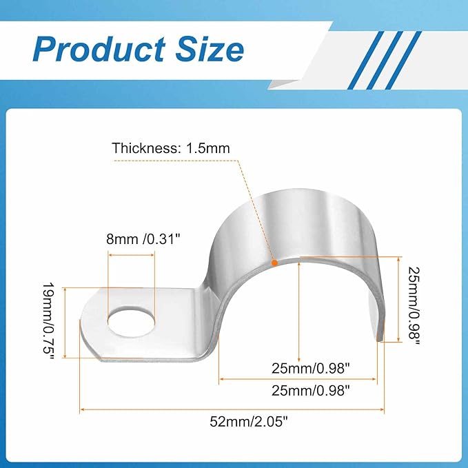 HARFINGTON 1 Inch Pipe Strap, 304 Stainless Steel Conduit Clip 10Pcs Single Hole Strap Clamp for Pipe Tube Cable Fixing (25mm, Silver)