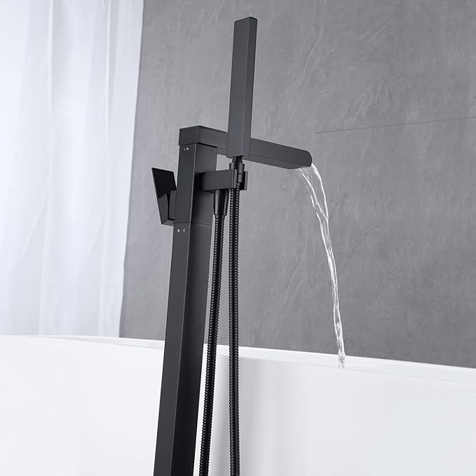 Waterfall Tub Filler Freestanding Bathtub Faucet Black Floor Mount Brass Single Handle Bathroom Faucets with Hand Shower