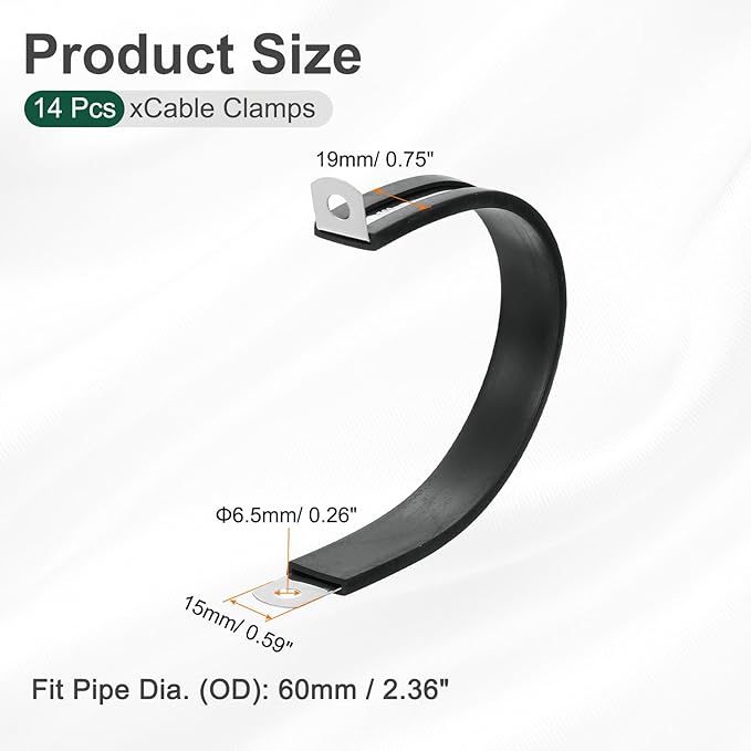 uxcell 2-3/8"(60mm) Cable Clamp, 304 Stainless Steel Rubber Cushioned Insulated Clamp R Shape Metal Clamp Tube Holder for Pipe Hose Wire Cord Installation 14Pcs