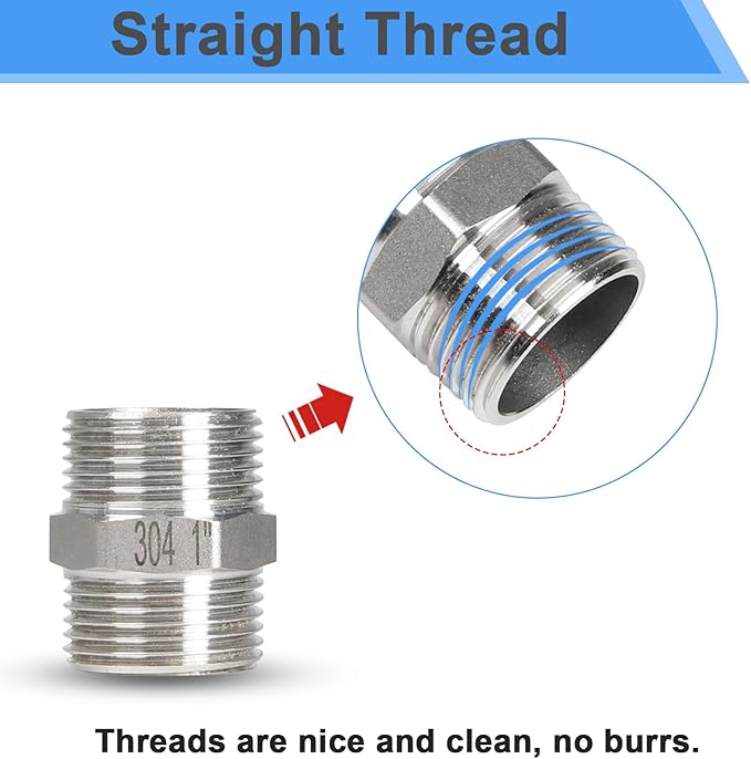 2Pcs 1" Male Hex Nipple Pipe Fittings, 304 Stainless Steel Threaded Adapter Fittings, 1 Inch Equal Nipples Connectors, Male Straight Threaded Pipe Fitting