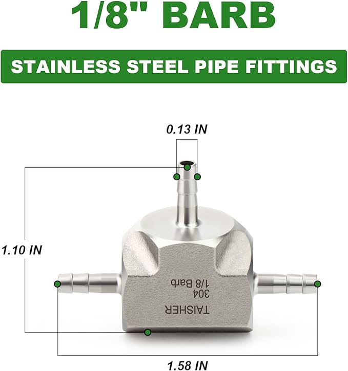 TAISHER 2PCS Forging of 304 Stainless Steel 3 Way Tee Hose Barb Fitting, 1/8" x 1/8" x 1/8" Hose Barb for Fuel/Air/Lquid/Gas with 6PCS Hose Clamp