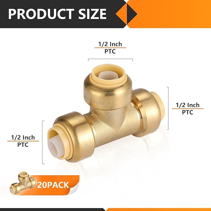 HeSun 20-Pack Pushfit Tee, 1/2"x1/2"x1/2" Push to Connect Plumbing Fittings with Disconnect Clip, Brass Push-fit Fittings for PEX, Copper, CPVC, PE-RT Pipes