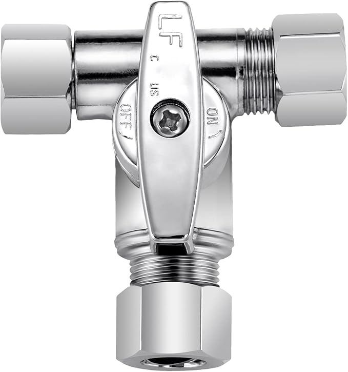 Lead-Free Brass 1Pcs Chrome-Plated Add-A-Tee 3-Way,3/8 Inch x 3/8 Inch x 3/8 Inch Angle Stop Valve For Reverse Osmosis Water Filters,Ice Maker,Refrigerator