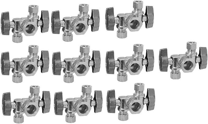 5/8" OD Comp X 3/8" Comp X 1/4" Comp Double Handles 1/4 Turn Angle Stop Water Shut off Valve Lead-Free (Pack 10)