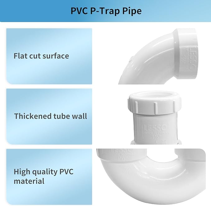 LESSO PVC Pipe, Adjustable P Trap 1 1/2 Inch, PVC Fitting for RV Drain Bathroom Kitchen Sink Drain Pipe Tubular Kit with White Threaded Adapter Ring