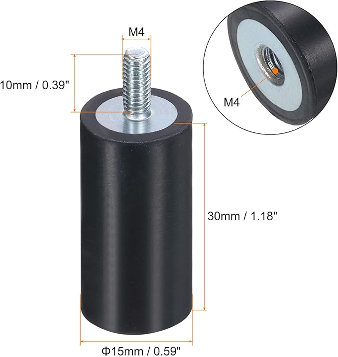 uxcell 8pcs M4x10mm Rubber Isolator Mounts with Studs 15x30mm Male Female Vibration Shock Absorber Zinc Plated Cylindrical Thread Mounts Anti Vibration Isolators with 8pcs M4 Lock Nuts