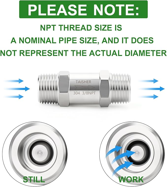 TAISHER 1PCS 304 Stainless Steel 3/8" NPT Male Check Valve,Backflow Prevention,One Way Non-Return Check Valves