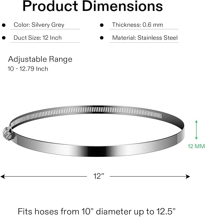 VIVOSUN Stainless Steel Air Ducting Clamps, 4/6/8/12 Inch Adjustable Hose Clamps with Worm Drive for Ducting, Heating, Cooling, Exhaust, and Ventilation (Pack of 2)