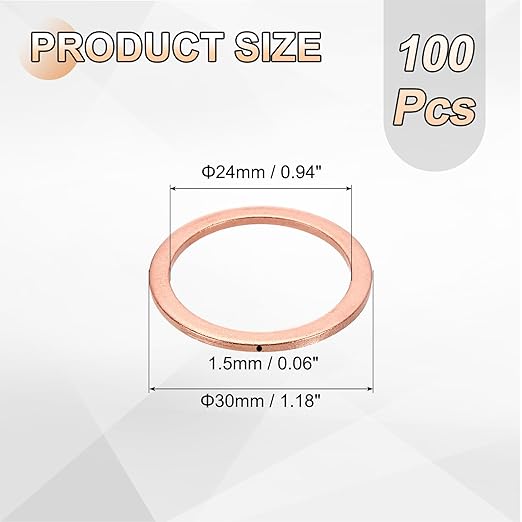uxcell 100Pcs M24 Flat Washer Copper Washer Sealing Rings, 24mm ID 30mm OD 1.5mm Thickness Copper Crush Washers Metric Sealing Gasket for Plumbing Machinery Automotive