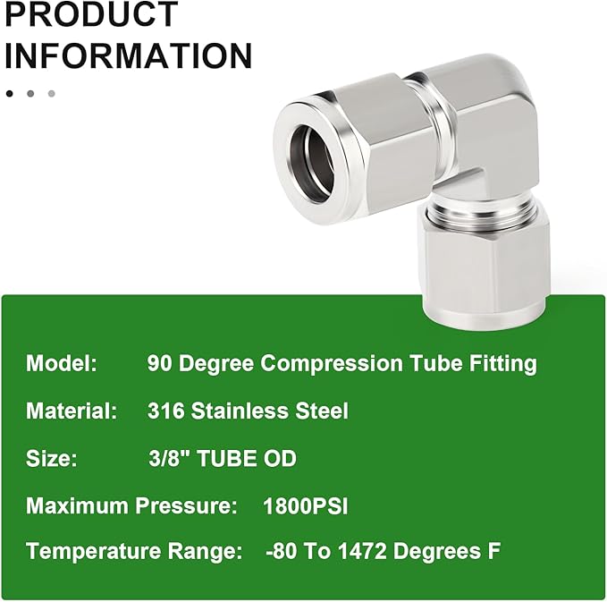 TAISHER 1PCS 316 Stainless Steel 90 Degree Compression Tube Pipe Fitting Connector, 3/8" Tube OD x 3/8" Tube OD Adapter