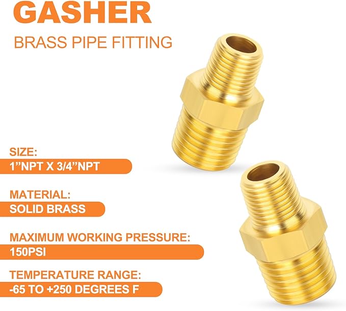 GASHER Brass Reducing Hex Nipples,1 Inch NPT Male x 3/4 Inch NPT Male Brass Pipe Adapter Fittings Reducing Nipples Connector（5Pcs）