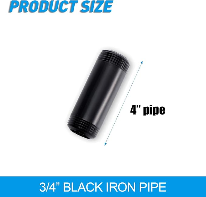 3/4" x 4" Black Painted Iron Pipe, Home TZH 10 Pack Threaded Black Paint Finish Metal Pipe Nipple for DIY Project/Furniture/Shelving Decoration(10, 4")