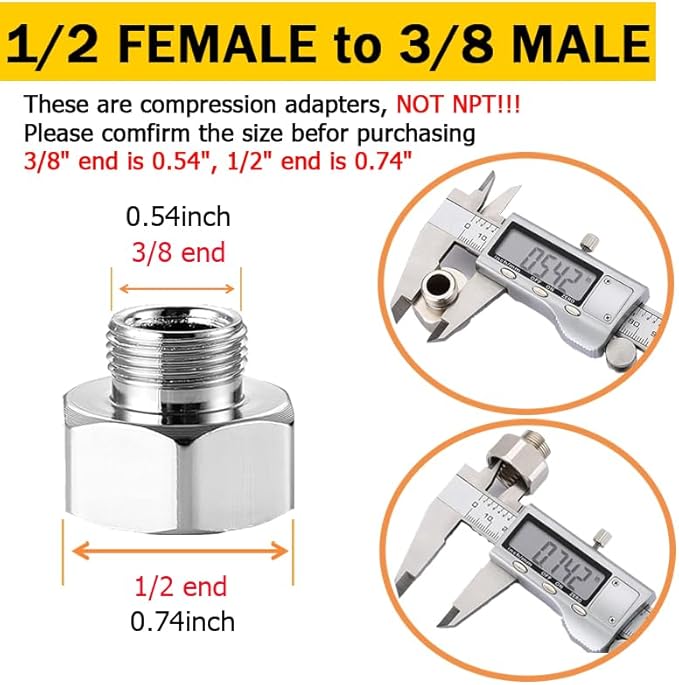 Faucet Supply Hose Adapter 3/8 Male to 1/2 Female Water Line Adapter 304 Compression Fittings for Water Supply Pipe Adapters 3/8to 1/2(OD×ID:0.54"×0.74") Reducer with Rubber Washer (2 Pack)