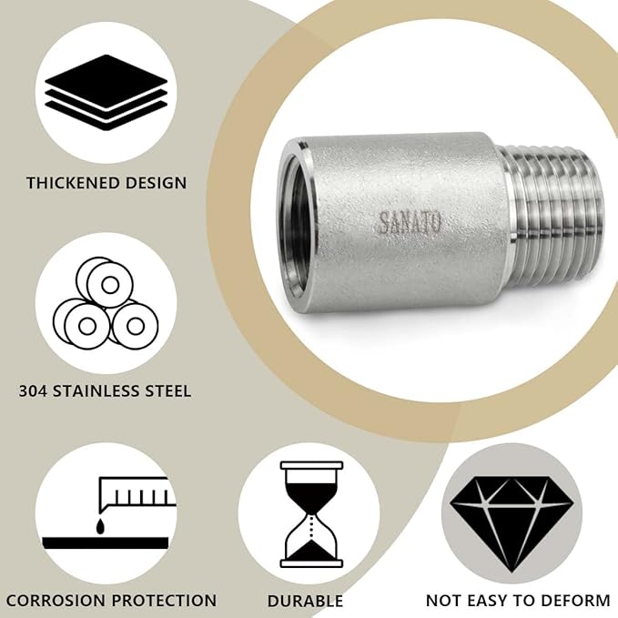 SANATO 1 Pcs SS 304 Forging Nipple Cast Piple, 1/2" NPT Male x 1/2" NPT Female Threaded, 50mm Piple Fittings
