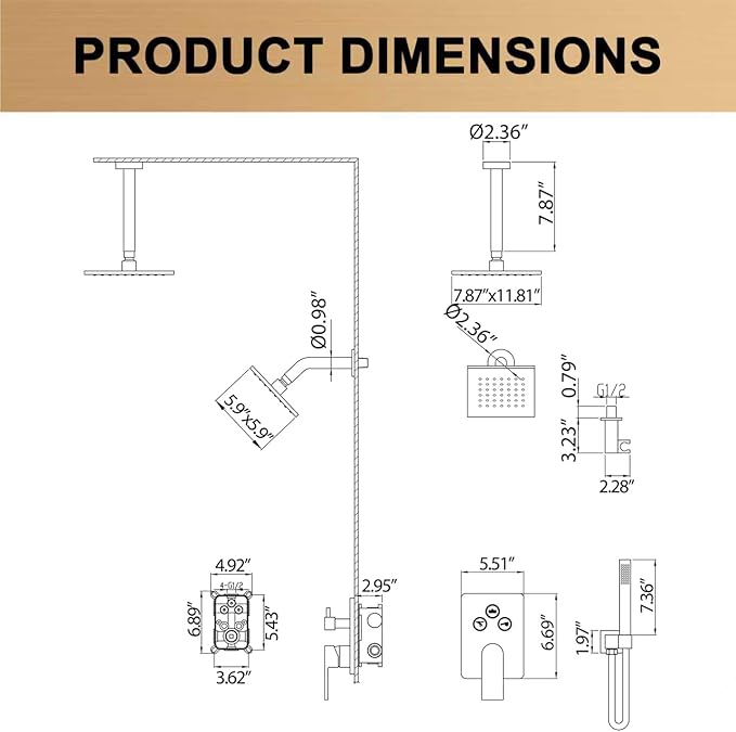 Brushed Gold Rainfall Shower System with Push-Button Diverter, Square UFO Rain Shower Trim Kit for Ceiling and Wall Mount, 2-Function Handheld Shower, Rough-in Valve, and Shower Faucet Set