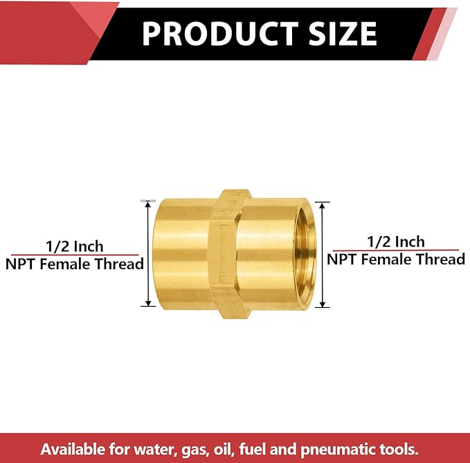 (Pack of 2) EFIELD 1/2" x 1/2" Female NPT Coupling, Soild Brass Hex Nipple Brass Pipe Fittings,(NPT073)