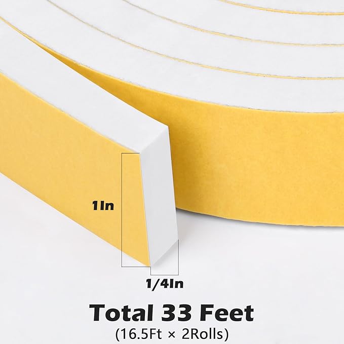 ToLanbbt White Door Window Weather Stripping Self Adhesive Foam Tape High Density Foam Sealing Strip Window Insulation Weatherproof Gasket Tape 1" Wide X 1/4" Thick, 16.5 Ft X 2 Rolls, Total 33 Feet