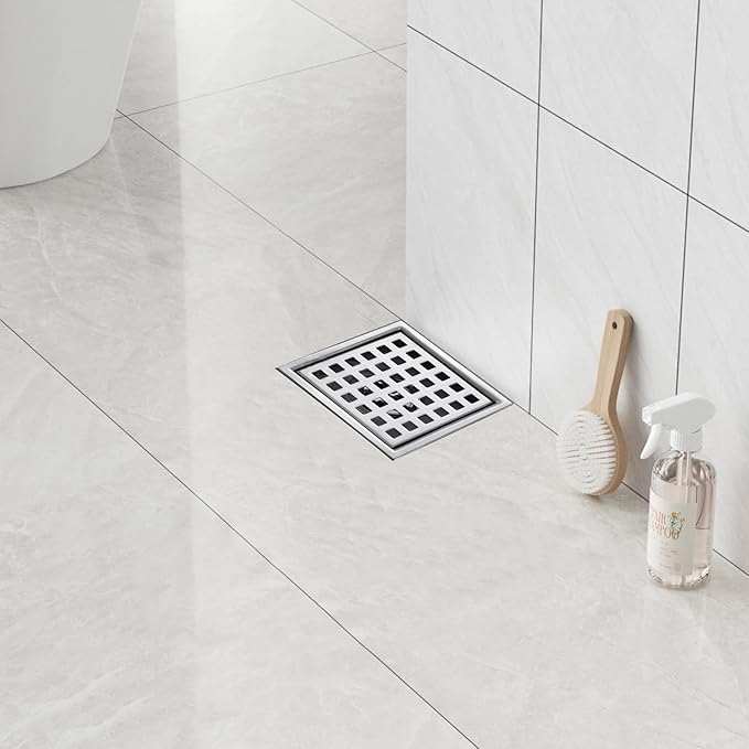 4 Inch Square Shower Floor Drain with Flange,Quadrato Pattern Grate Removable,Food-Grade SUS 304 Stainless Steel,Brushed Nickel