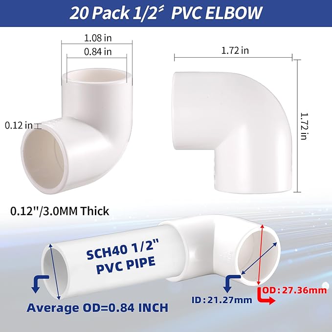 1/2" 20 Pcs 90 Degree Elbow Pipe Fittings (Socket x Socket), Heavy Duty 2 Way Right Angle Pipe Fitting for DIY Creations, Schedule 40 Coupling Adapter.