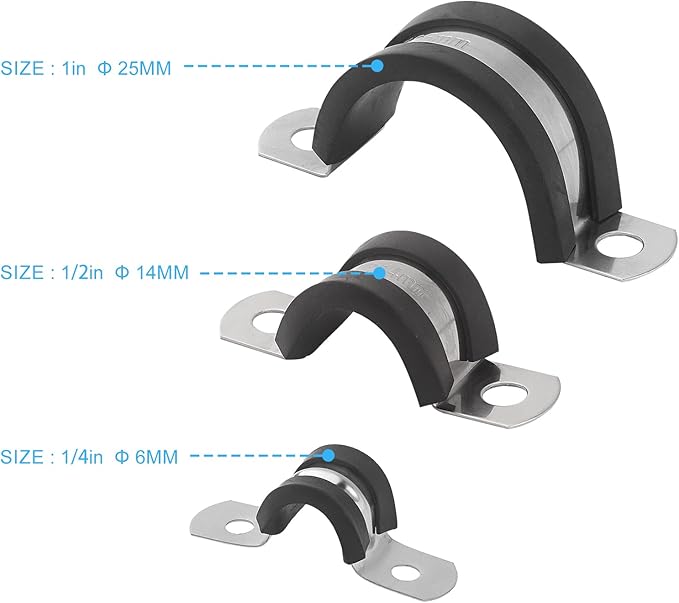 50 Pack 1/4 Inch Cable Clamps, 6mm Stainless Steel Rubber Coated Cushioned Insulated Pipe Clamp, Black Conduit Wire Holder Strap Clips for Tube, Pipe or Wire Cord Installation