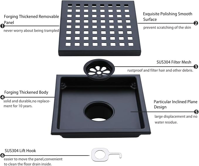 Square Shower Drain 6", SUS 304 Stainless Steel Floor Drain with Grid Drain Cover & Hair Strainer, Matte Black