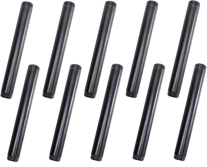 3/4" x 8" Black Painted Iron Pipe, Home TZH 10 Pack Threaded Black Paint Finish Metal Pipe Nipple for DIY Project/Furniture/Shelving Decoration(10, 8")