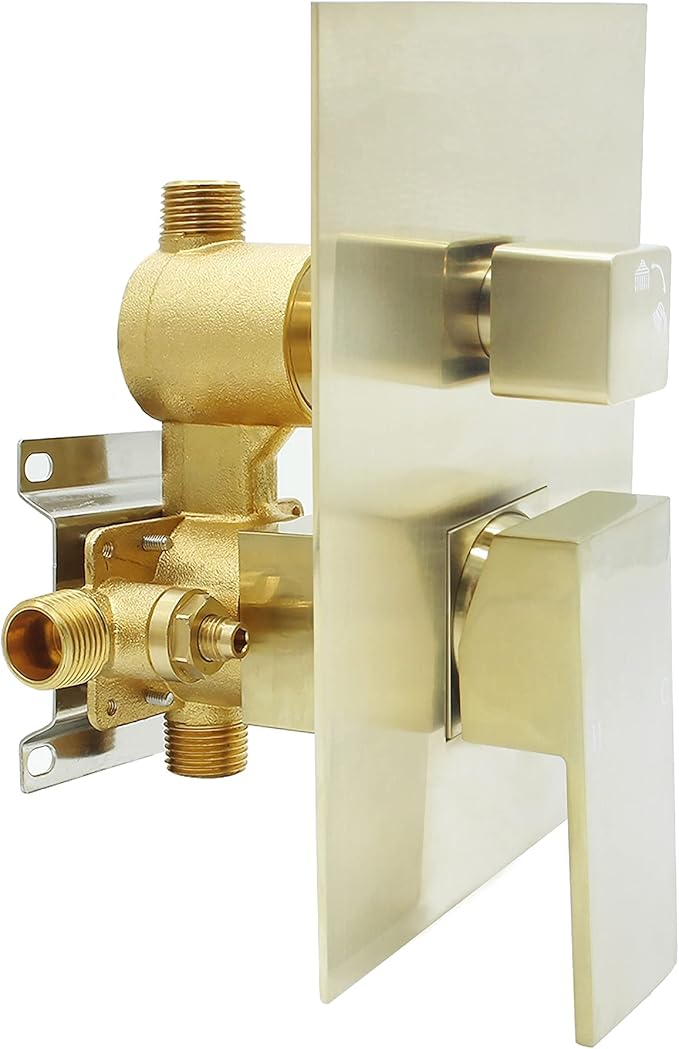2 Way Outlet Shower Diverter Valve, Drettyer 2 Handle Shower Mixer Rough Brass Valve Kit Replacement in Brushed Gold