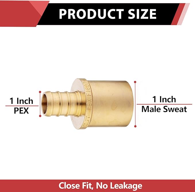 5-Pack EFIELD PEX Barb Crimp Brass Fitting 1" x 1" Male Sweat Copper Adapter (Inside Copper Tube), ASTM F1807,(PEX1807119)