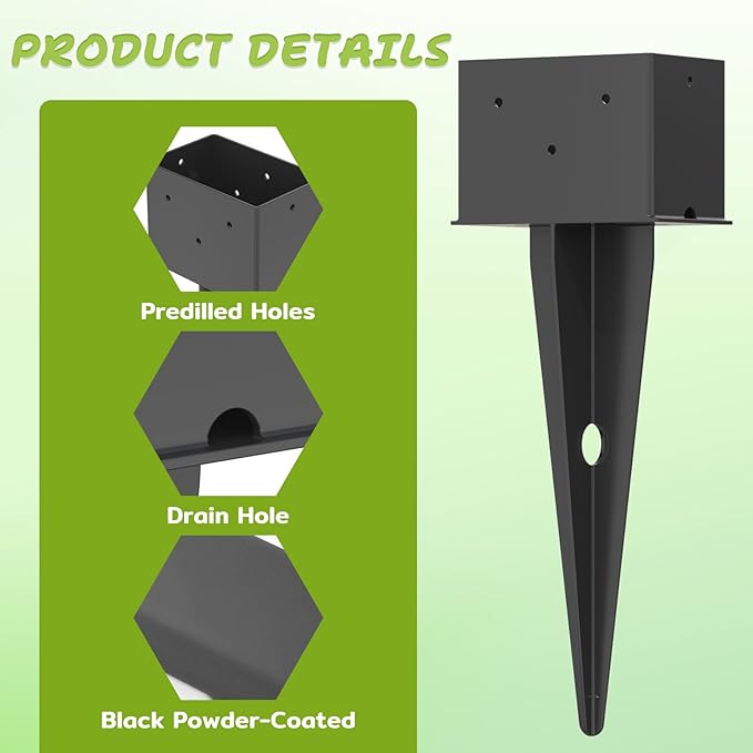 2 Pcs 4"x 6" Fence Post Anchor Ground Spike, 16.5" Heavy Duty Metal Fence Stake Post Bases (Inner Size 3.6"x5.6") with Black Powder Coated for Fence, Deck, Railing, Mailbox and Porch