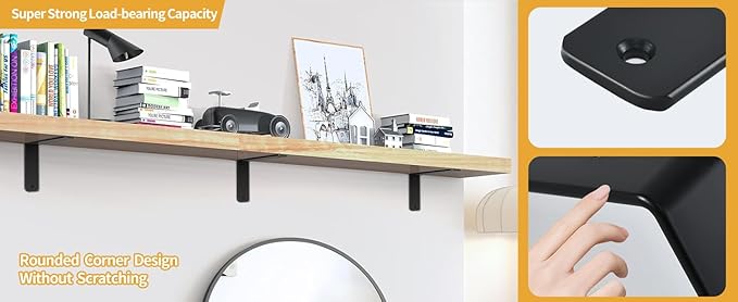 6 Pack - L 16" x H 8" x W1.5, 5mm Thick Black L Shelf Bracket, Iron Shelf Brackets, Metal Shelf Brackets, Floating Shelf, Shelf Supports with Screws
