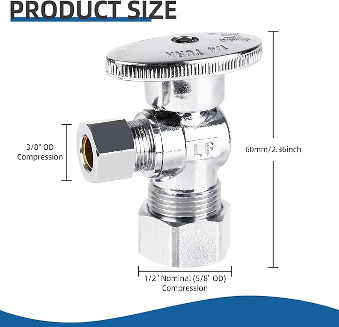 (10 Pack) BH Angle Stop Valve 1/2" Nominal Compression x 3/8" OD, 1/4-Turn Shut Off Valve,Chrome Plated Brass, for Bathroom Toilet Kitchen Shower Plumbing